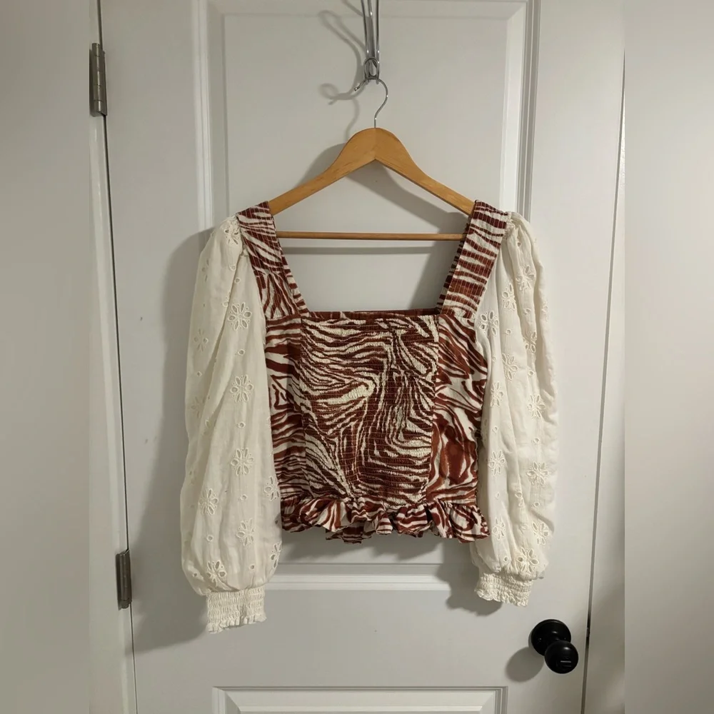 ANTHROPOLOGIE Love The Label Smocked Eyelet Puff Sleeve Blouse with Zebra Bodice